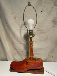 Vintage And Original, Wooden Shoe Mold Table Lamp With Some Interesting History Written On It. 22' Tall