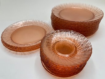 Set Vintage Depression Glass Rose Color Plates In 3 Sizes (31 Pieces)