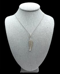 Beautiful Sterling Silver Clear Stones Textured Feather Necklace