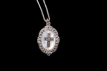 Gorgeous Sterling Chain With Sterling Pendant With Marcasite And Mother Of Pearl