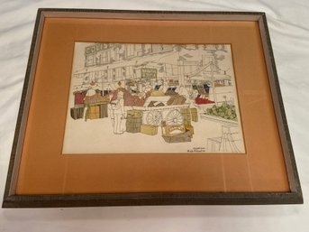 Haymarket Boston Ink And Watercolor Painting Signed Helen McDermott 1974 19x15 Matted Framed