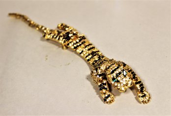 Large Enamel Rhinestone Tiger Shoulder Brooch Gold Tone