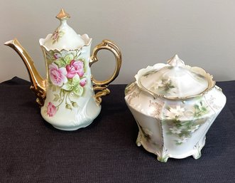 Hand Painted RS Prussia Lidded Biscuit Jar And Lefton China Coffee Pot