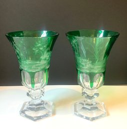 Pair Very Special Aida Emerald Green Glass Urns With Forest & Etched Deer Scenes