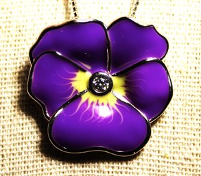 Very Fine Sterling Silver Chain Necklace Pansy Enamel Pendant W Amethyst Stone