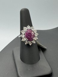 4.95CT Oval Ruby W/ .10CTW Round White Diamond Sterling Silver Ring