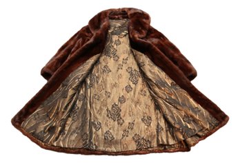 Mahogany Mink Coat With Shawl Collar With Jeweled Black Button  And An Opulent Gold Lining