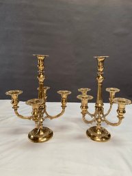 Pair Of 5 Arm Brass Candelabras Table Top Candlestick Holder Made In India 14.5'