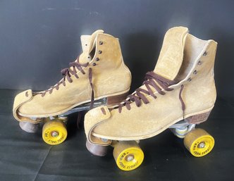 Vintage Mid Century Riedell Tan Suede 130M Sure Grip Jogger Roller Skates With 'Roll Your Own' Wheel- Size 12