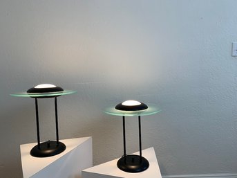 Pair Of 1980s Postmodern Brass And Glass UFO/Saturn Table Lamps In The Manner Of Robert Sonneman