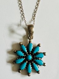 VINTAGE STERLING SILVER TURQUOISE FLOWER FORM NECKLACE