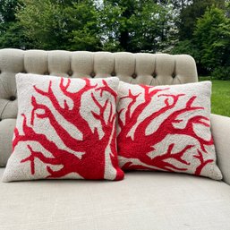 A Pair Of Wool Hooked Coral Pillows - 17' Each Square