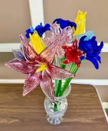 Lot Of Hand Blown Colorful  - Art Glass Flowers By Hut Princ Czech