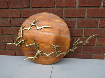 Copper And Brass Sun Disk With Flock Of Birds Flying Across