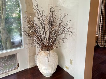 Faux Pussy Willow Stem Arrangement In Large Composite Whitewashed Ribbed Pot