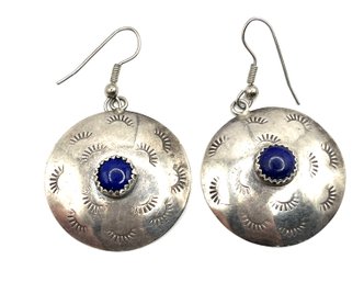 Vintage Native American Sterling Silver Lapis Etched Round Dangle Earrings