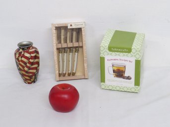 Misc. Lot Patriotic Vase, Jean Dubost Laguiole France Butter Knives & Flowering Tea Gift Set