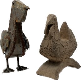 Metal Pelican Sculpture And A Turkey Pottery Roof Tile