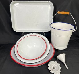 7PC Enamel Kitchen Set - Bowls, Bucket, Rectangular Pan Plus