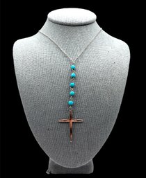 Sterling Silver Turquoise Color Beaded Cross Pendant Necklace