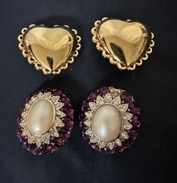 Lele Sadoughi - Gold Lace Heart Button Clip On Earrings & Multicolor Stones Oval Shape Clip On Earrings.