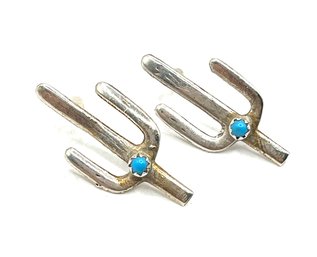 Vintage Native American Sterling Silver Turquoise Cactus Earrings