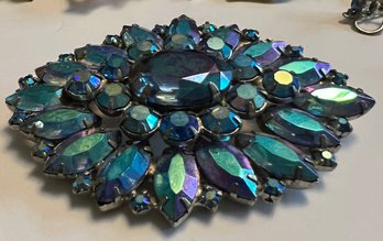 LARGE VINTAGE BLUE/PURPLE SILVER TONE RHINESTONE BROOCH