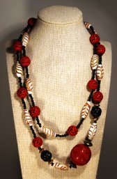 Fantastic Art Glass Venetian And Chinese Carved Cinnabar Beaded Necklace 40' Long.