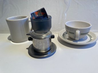 New Never Used Light Weight Compact Coffee Maker, Jordon Pond Maine Cup And Saucer And White Diner Mu