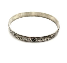 Beautiful Sterling Silver Etched Flower Thick Heavy Bangle Bracelet