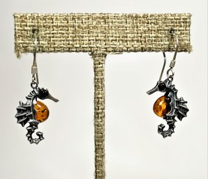 Pair Fine Sterling Silver And Genuine Amber Seahorse Pierced Earrings