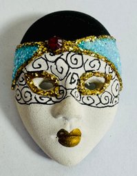 HAND DECORATED CLAY MASK BROOCH