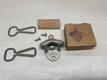 Vintage New Old Stock Coca Cola Stationary Wall Bottle Opener And (2) Vintage Hand Openers.