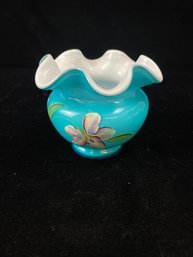 Fenton Art Glass Turquoise Overlay Rose Bowl