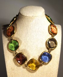 Signed KJL Kenneth J Lane Multi Colored Glass Gold Tone Necklace