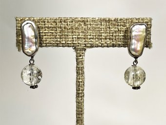 Sterling Silver Pierced Earrings Baroque Genuine Pearl And Crystal