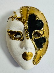 HAND DECORATED GOLD AND BLACK CLAY MASK BROOCH