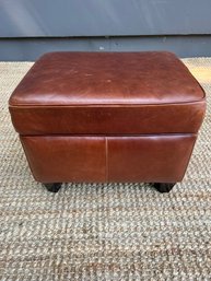 Vintage Saddle Brown Leather Ottoman With Ebonized Tapered Legs