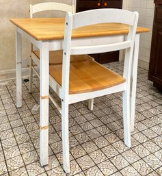 A Painted Pine And Oak Cafe Table And Set Of 2 Chairs