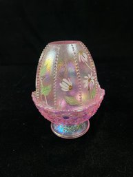 Vintage Fenton Pink Iridescent Hand Painted Floral Glass Fairy Lamp