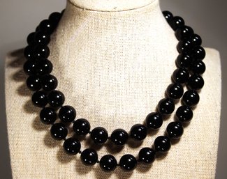 Very Fine Genuine Black Onyx Beaded Necklace 28' Long