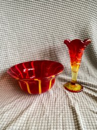 Red And Yellow Cut Glass Bud Vase And Handblown Bowl No Chips