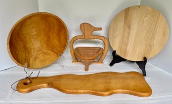 Lot Of 4 Wooden Handcrafted Serving Pieces (2 Made In Vermont)