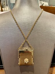 Mid Century Metal Mesh Purse Necklace With Pearl Detail