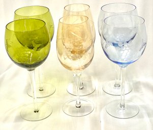 Grape Etched Multi-color Wine Glasses