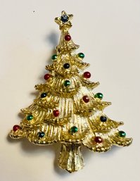 VINTAGE SIGNED GOLD TONE CHRISTMASS TREE BROOCH