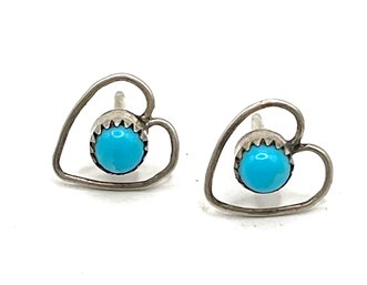 Vintage Sterling Silver Southwestern Heart Shaped Turquoise Earrings