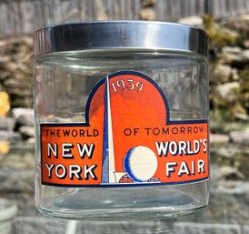 Reproduction 1939 Worlds Fair Lidded Glass Jar