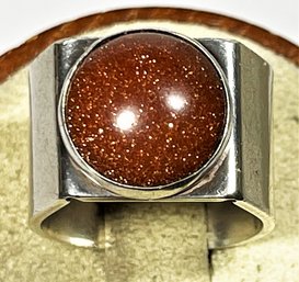 Signed MOJ Sterling Silver Wide Band Ring Goldstone Cabochon Ring Size 5.5