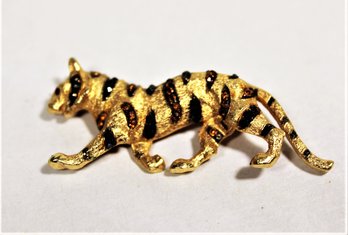 Gold Tone Enamel And Rhinestone Tiger Brooch